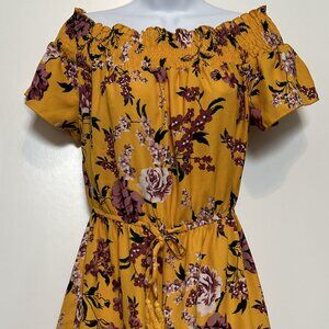Boho-chic Flirty Summer Yellow Floral Off-shoulder Romper Women's size Med